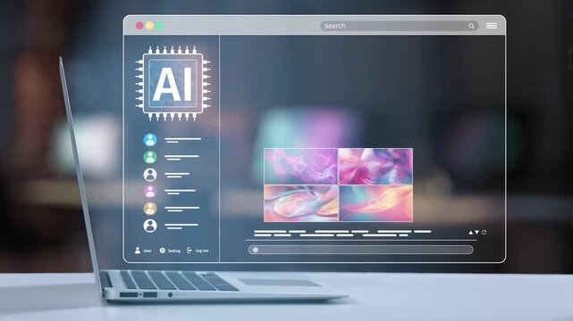 A sleek laptop showcases an artificial intelligence interface with abstract colorful backgrounds, illustrating the synergy between technology and design in modern projects. Salient