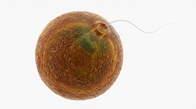 Microscopic Trachelomonas. Euglena cell appears as a spherical brown specimen with a visible flagellum illustrating the movement mechanisms of flagellated single-celled organisms.