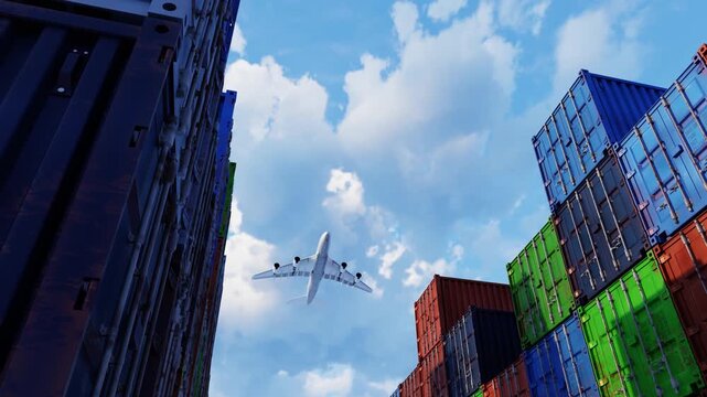 Cargo airplane flying above logistic containers. Cargo, shipping business, import and export, air logistic, logistic industry, merchandise export. Airplane flying above containers at harbor. 3d video