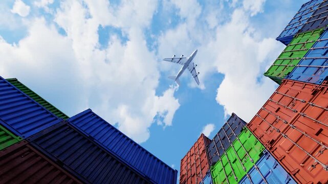 Cargo plane flying above logistic containers. Freight transportation, logistic industry, air transport, air cargo, import and export shipping business. 3d video