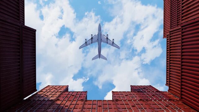 Cargo plane flying above red containers at port. Logistic import export, cargo and shipping business. Shipping containers at harbor distributed ecommerce and logistic business. 3d video