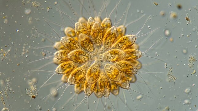 Synura colony of golden algae cells displays a radial structure under a microscope in a laboratory setting.