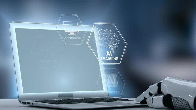 A robotic hand interacts with a laptop displaying advanced technology concepts such as AI learning and deep learning, illustrating the integration of automation in modern workspaces. Salient