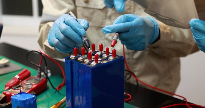 Close-up of a technician in blue gloves connecting test leads to terminals on a large battery in an electronics laboratory.