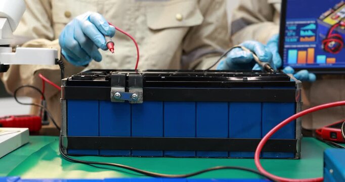 Technicians wearing blue gloves test a large battery pack with probes and diagnostic equipment on an electronics workbench.