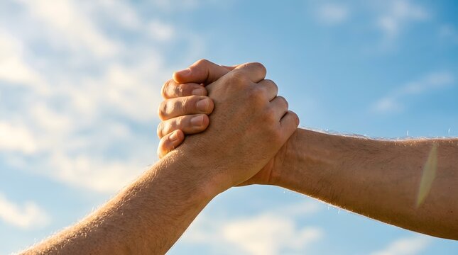 Two hands clasped together against a bright blue sky with scattered clouds