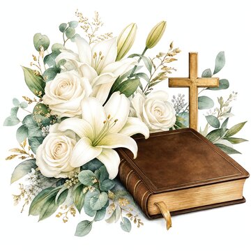 Watercolor Bible With White Roses And Lilies Bouquet