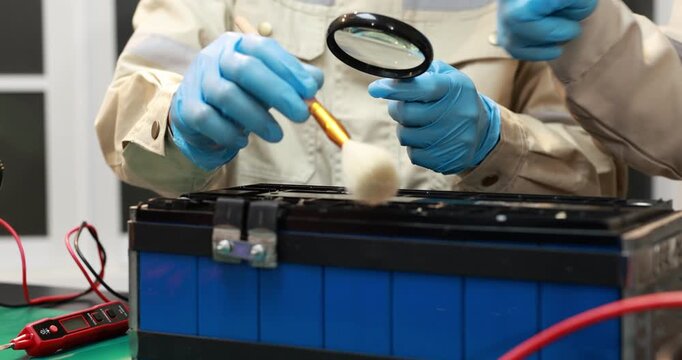 Technician in blue gloves examines a battery with a magnifying glass and brush during maintenance and testing in a workshop.