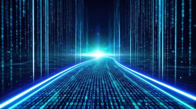 Digital data stream with binary code flowing through a glowing blue tunnel
