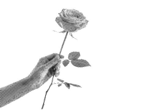 Black and white halftone hand holding single rose flower on white background. Monochrome stipple arm with long stem and leaves in vintage dot texture. Romantic gift design for Valentine and wedding.