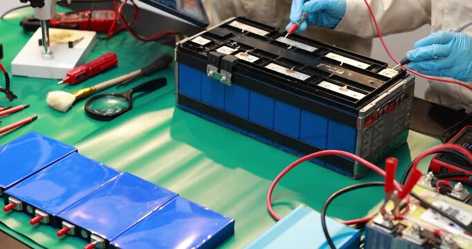 Technicians wearing blue gloves test and repair a lithium battery pack on a green workbench with probes, wires, tools and battery cells.
