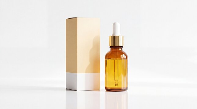Amber glass dropper bottle with a rectangular box stands on a white surface container packaging cosmetic serum