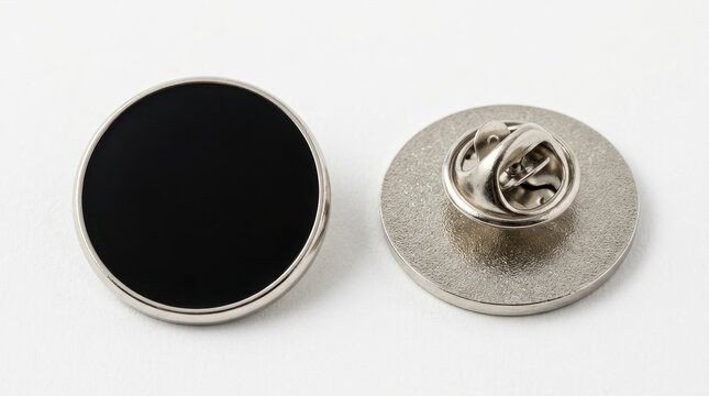 Black round metal pin button badge with silver clasp on white background