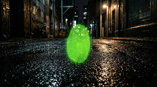 Glowing green fingerprint hologram projected in dark wet alleyway at night concept for digital identity and surveillance