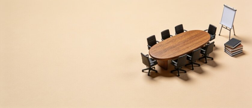 Minimalist empty conference table with chairs and presentation screen in modern office setting