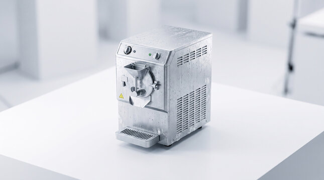 Modern stainless steel ice cream maker with water droplets, perfect for commercial kitchens and gourmet dessert creation