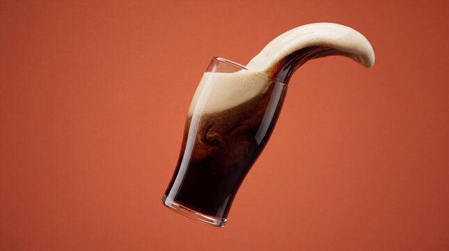 Dark stout beer glass with creamy flying foam splash