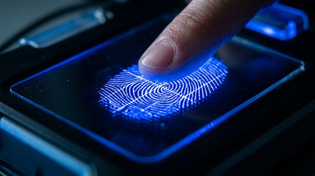 Close up of a human finger being scanned by a biometric fingerprint reader with blue glowing lights