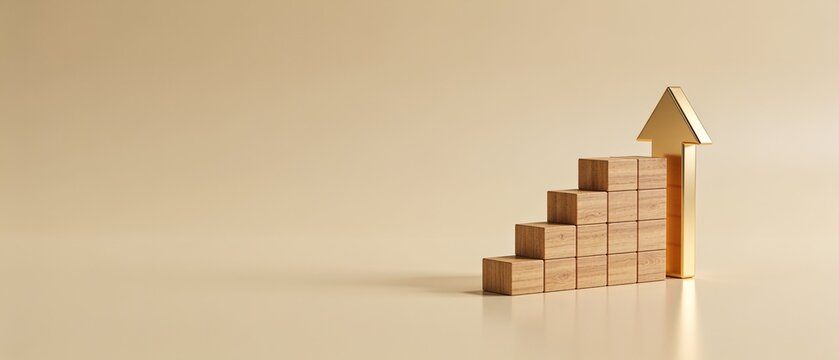 Wooden block staircase with upward growth arrow symbolizing progress and success