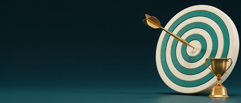 Golden trophy hitting bullseye target on teal background for success achievement concept
