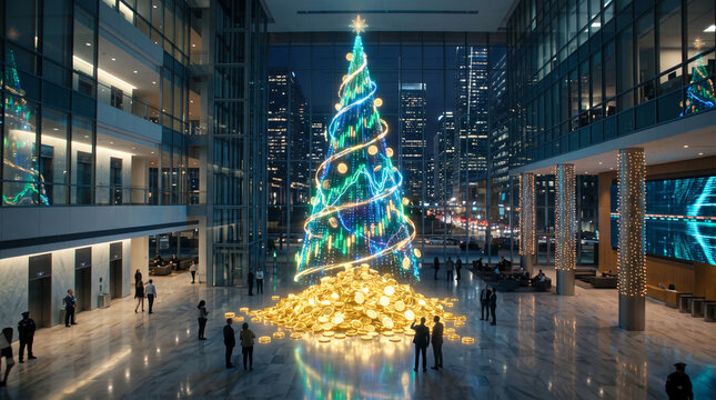 Christmas tree made of financial charts and gold coins in modern office lobby symbolizes corporate wealth and economic growth