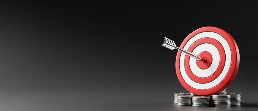 Red target bullseye with arrow hitting center on minimalist black stand