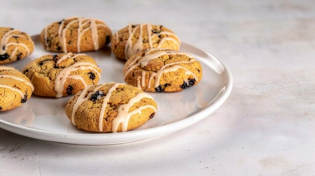Delicious hermit cookies with raisins and sweet sugar glaze icing, beautifully served on a white ceramic plate against a bright clean marble background with copy space.