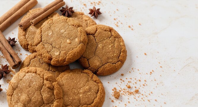 A heap of freshly baked gingerbread cookies with cracked surfaces, served on a bright marble countertop next to cinnamon sticks, star anise, and scattered cookie crumbs.