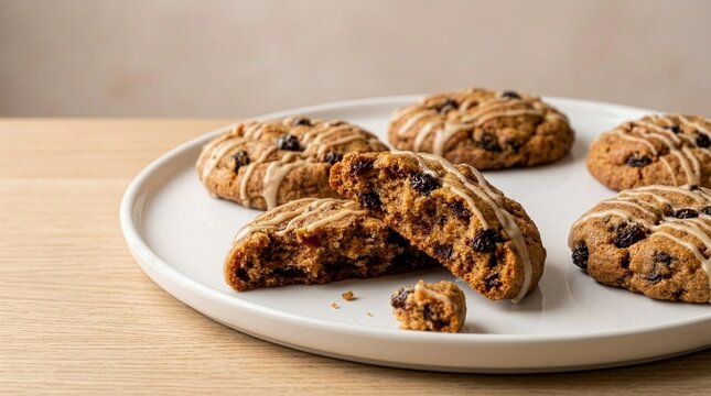 Freshly baked hermit cookies with raisins and sweet glaze drizzle on a white ceramic plate, featuring one broken cookie in half showing a soft texture on a wooden table.