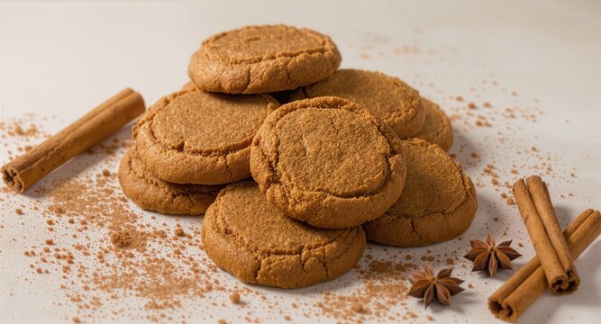 A heap of freshly baked spicy hermit cookies with soft cracked surfaces, served on a bright table decorated with cinnamon sticks, star anise, and scattered brown spice powders.