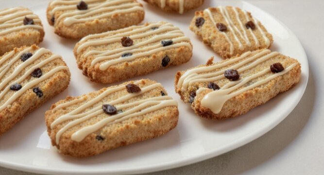 Delicious rectangular hermit cookies with raisins and sweet sugar glaze icing drizzle, neatly served on a white ceramic plate against a bright clean studio background.