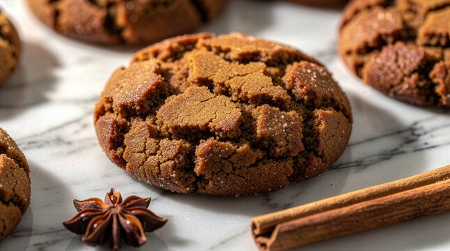 Macro portrait of a freshly baked spicy hermit cookie with beautiful cracked surface textures, served on a white marble countertop next to natural cinnamon sticks and star anise.