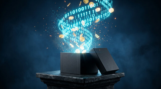 Glowing binary code vortex erupts from black gift box on pedestal, symbolizing digital innovation and cryptocurrency wealth
