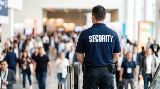 Rear View of Professional Male Security Guard Monitoring Large Crowd of Visitors at Busy Indoor Exhibition or Public Conference Event