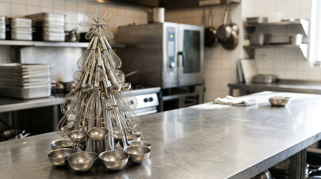 Christmas tree made of kitchen whisks and ladles decorated with lights in a professional kitchen, festive business decor