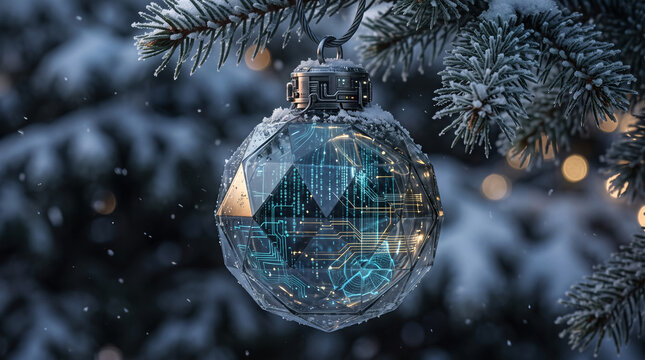 Geometric digital ornament with circuit board and binary code on snowy branch, high-tech Christmas and futuristic technology concept