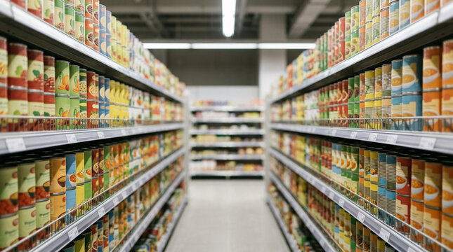 Rows of canned goods on supermarket shelves offer diverse food options for grocery shopping and everyday meal preparation needs