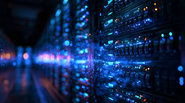Data Center Server Racks with Glowing Blue Digital Lights