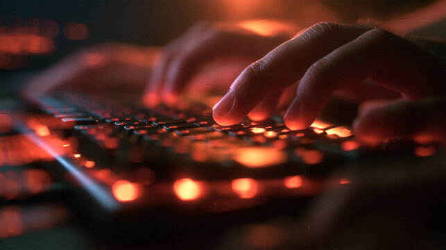 Hands Typing on Backlit Mechanical Keyboard at Night