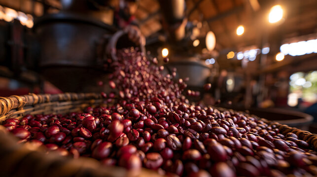 Fresh Roasted Coffee Beans Pouring into Woven Basket