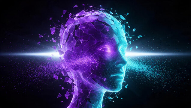 Digital Artificial Intelligence Head Shattering with Glowing Light Particles