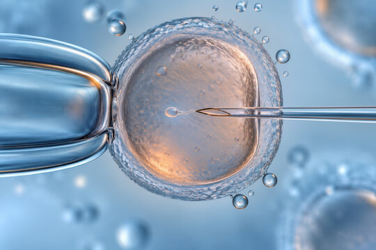 In vitro fertilization IVF micropipette microinjection close-up injecting sperm into oocyte assisted reproductive technology embryo manipulation human fertility treatment concept laboratory procedure