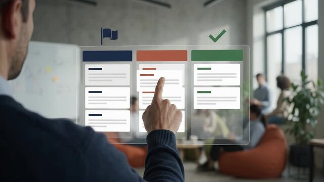 Project management board displays tasks, milestones and progress tracking while a finger interacts with the digital interface in a modern coworking office space.
