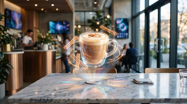 Futuristic coffee hologram with cinnamon sticks levitating above a smart table, promoting modern cafe tech and innovative beverage service