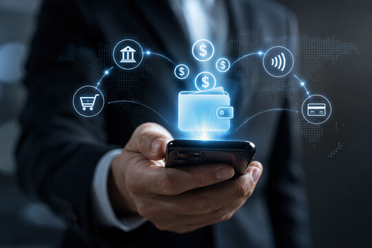 Businessman holding smartphone with glowing digital wallet icon and floating dollar symbols illustrating contactless mobile banking transaction security and fintech innovation for cashless payments
