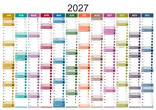 Calendar including moon phases for the year 2027 with holidays of usa in english language. Colored months in vertical columns. Wallplanner, span-a-year calendar, moon calendar