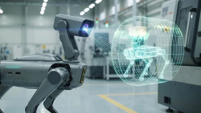 Robotic dog scans mechanical quadruped structure using laser technology in factory. Automation and artificial intelligence integrate within industrial manufacturing for smart engineering solutions.