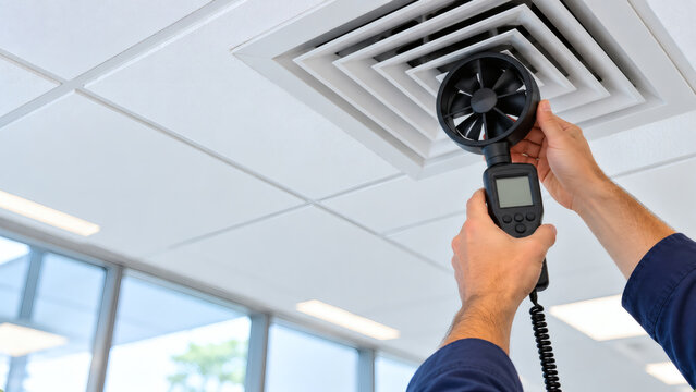 HVAC technician using digital vane anemometer to measure airflow velocity from ceiling diffuser vent for indoor air quality and commercial ventilation balancing