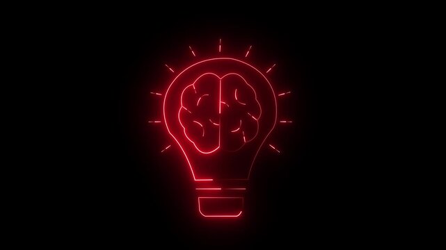 Red glowing light bulb with brain illustration inside
