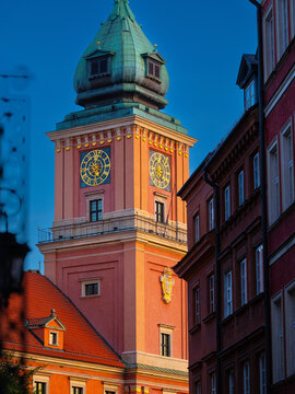 2025-10-23; Royal Castle clock tower in Warsaw old town historic architecture. Poland